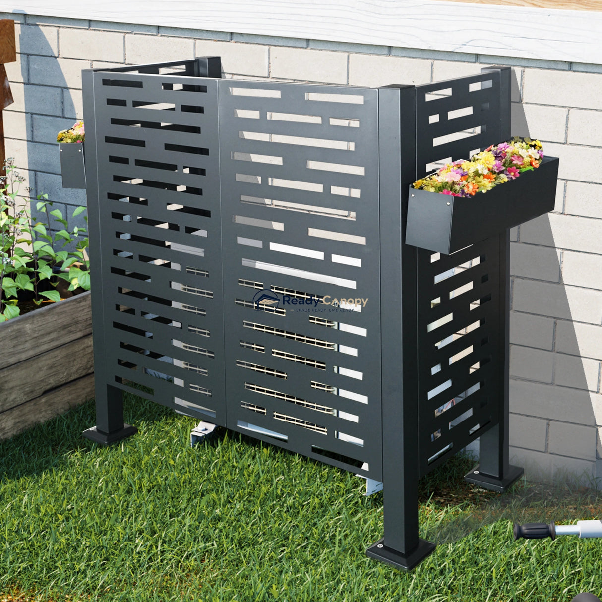 Charcoal Metal Privacy Fence Cover for Outdoor Air Conditioner Units with Flower Boxes