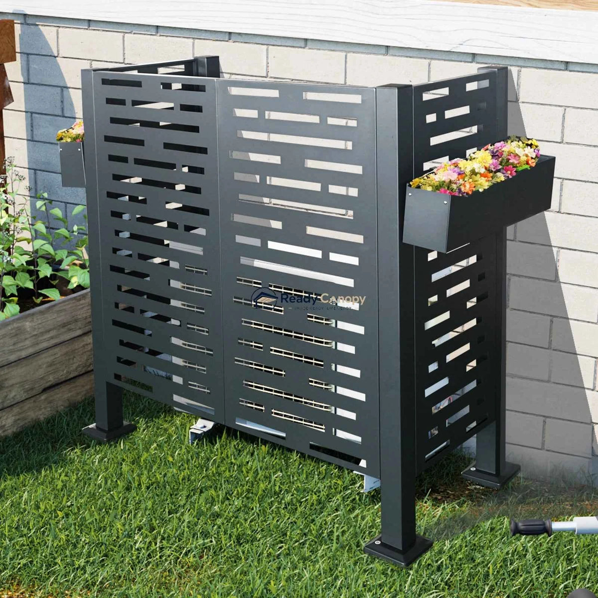 Charcoal Metal Privacy Fence Cover for Outdoor Air Conditioner Units with Flower Boxes