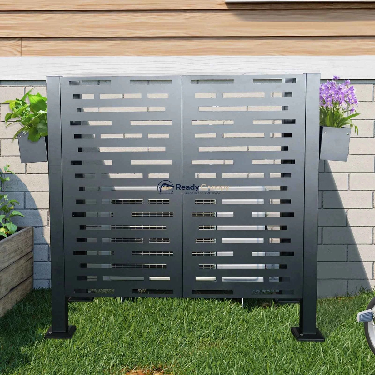 Charcoal Metal Privacy Fence Cover for Outdoor Air Conditioner Units with Flower Boxes