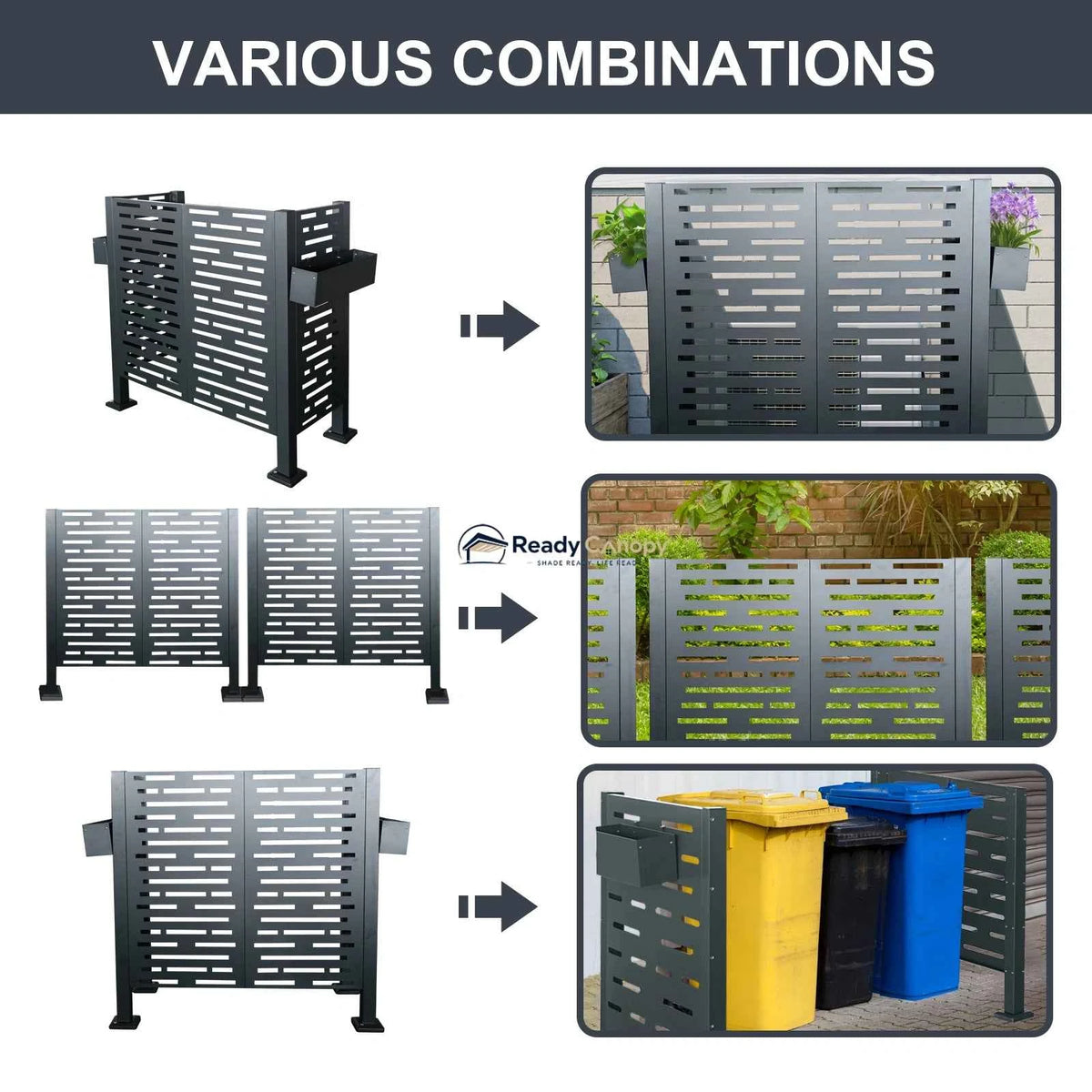 Charcoal Metal Privacy Fence Cover for Outdoor Air Conditioner Units with Flower Boxes