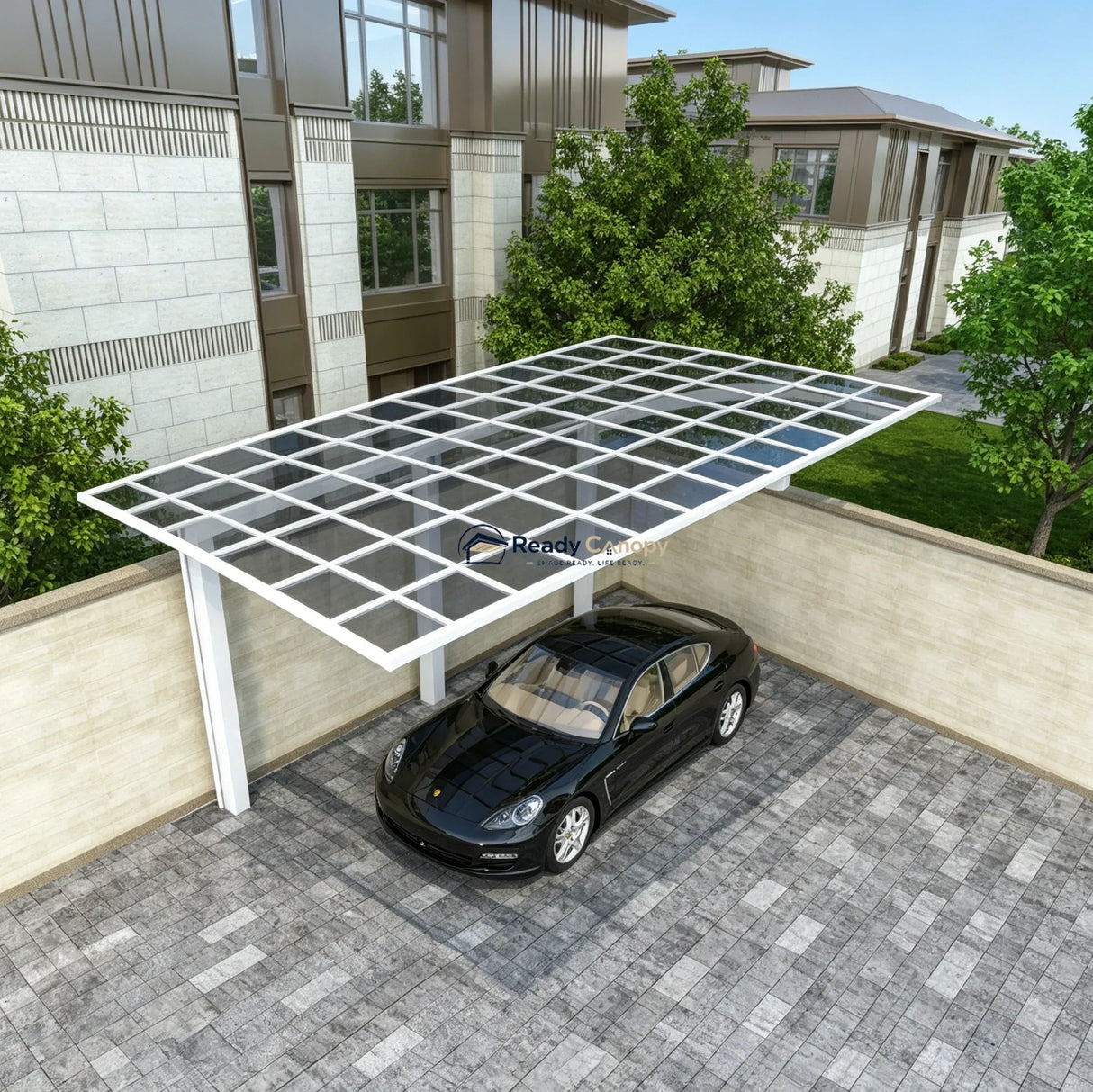 L Shape Cantilever Single Carport - White — installed outdoors
