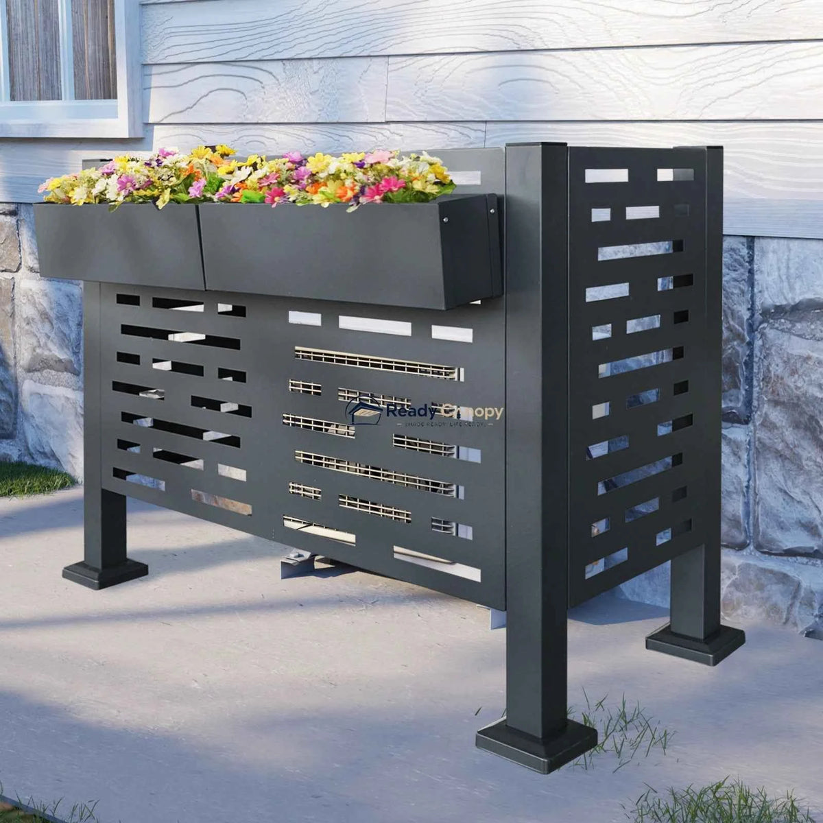 Charcoal Metal Privacy Fence Cover for Outdoor Air Conditioner Units with Flower Boxes