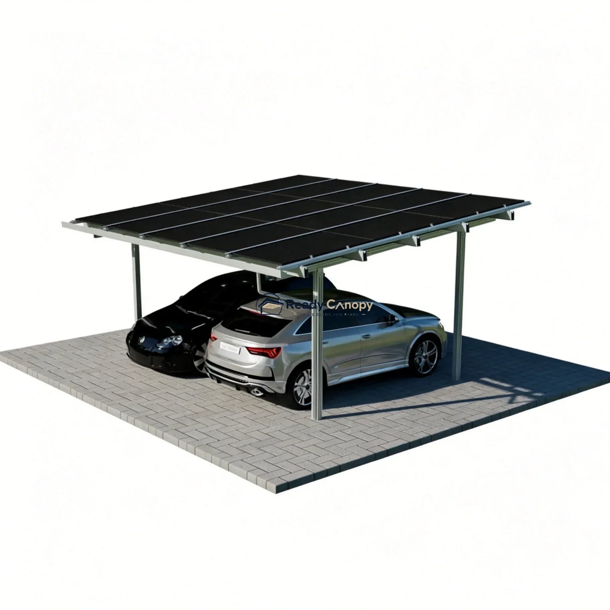 Double Solar Carport Kit Silver(Includes Solar Modules) — installed outdoors