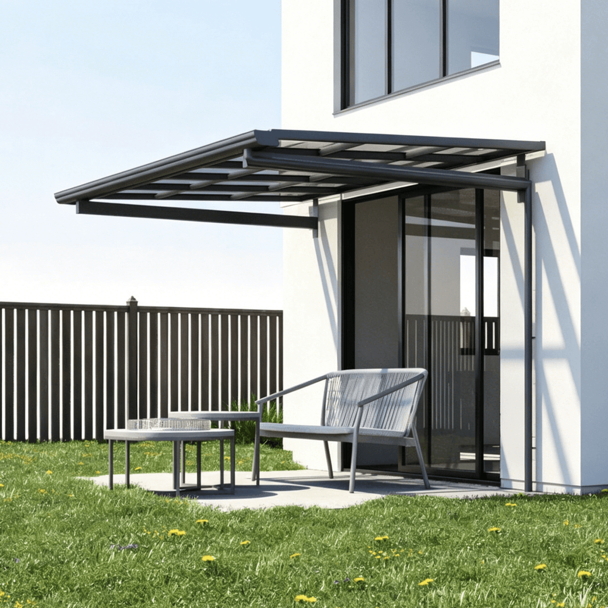L Shape Awning Grey — corner and mounting detail