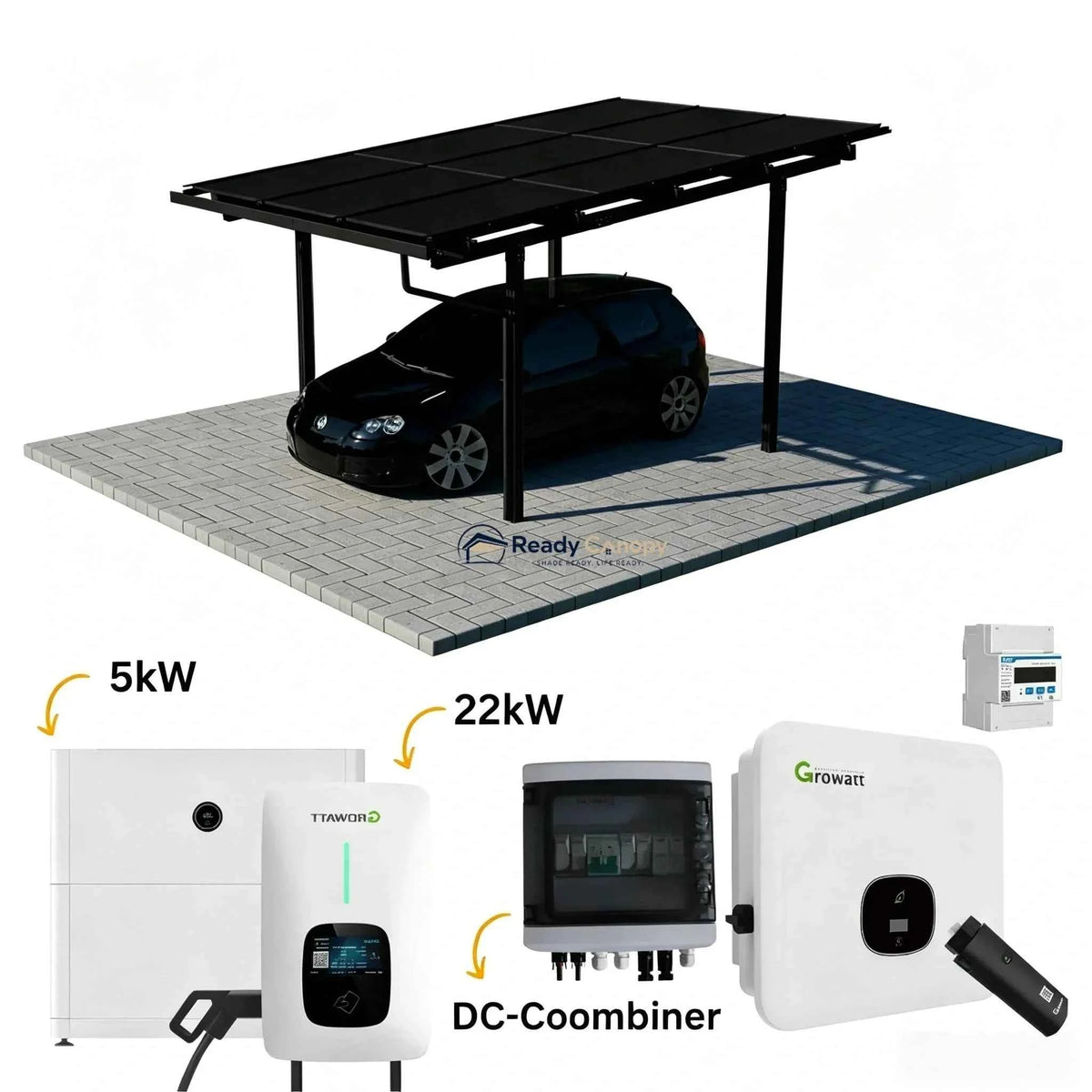 Single Solar Carport 4kW Kit Black with 9 Solar Panels & Inverter(EV Charger & Battery Storage Options)