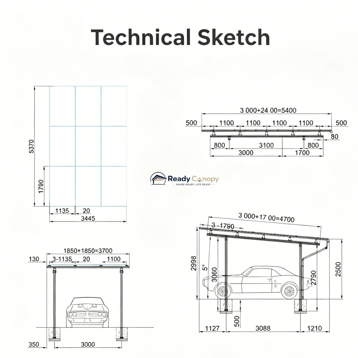 Single Solar Carport Kit Silver(Includes Solar Modules) — roof structure detail