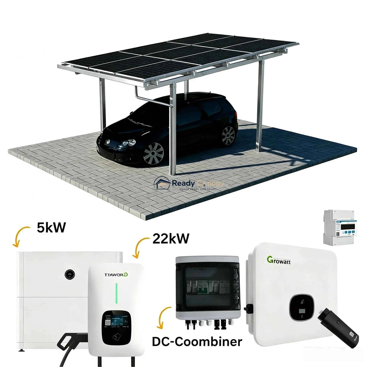 Single Solar Carport 4kW Kit Silver with 9 Solar Panels & Inverter(EV Charger & Battery Storage Options)