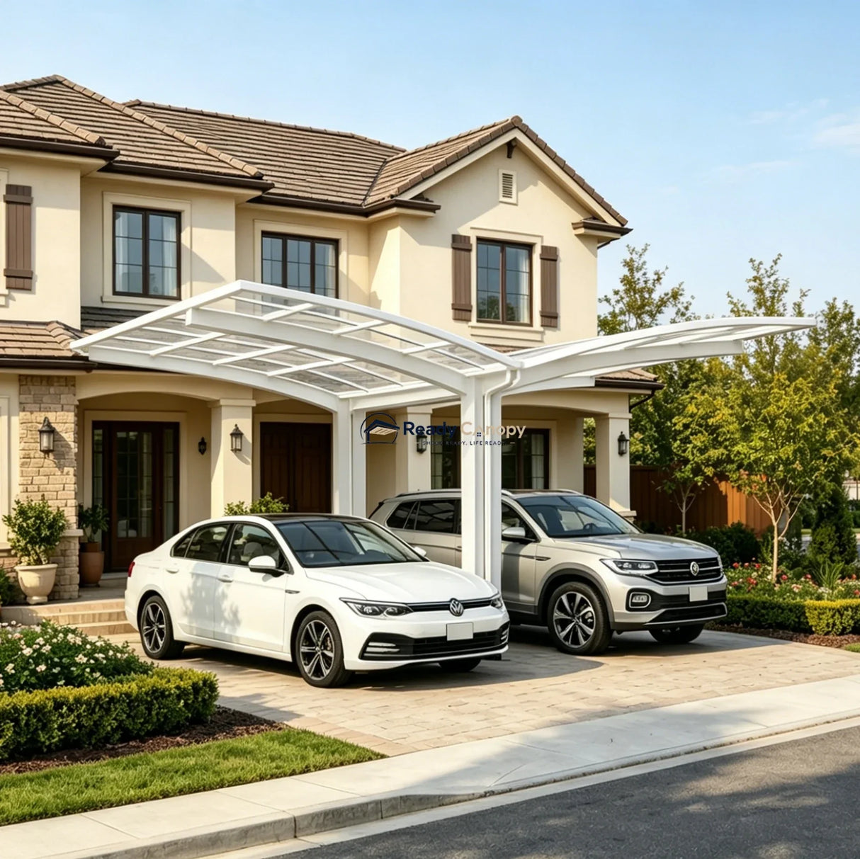 Y Shape Double Carport Kit - White — installed outdoors