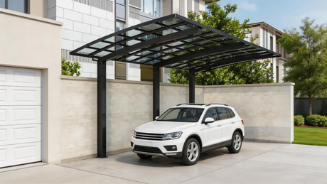 Aluminium cantilever carport sheltering an SUV on a residential driveway