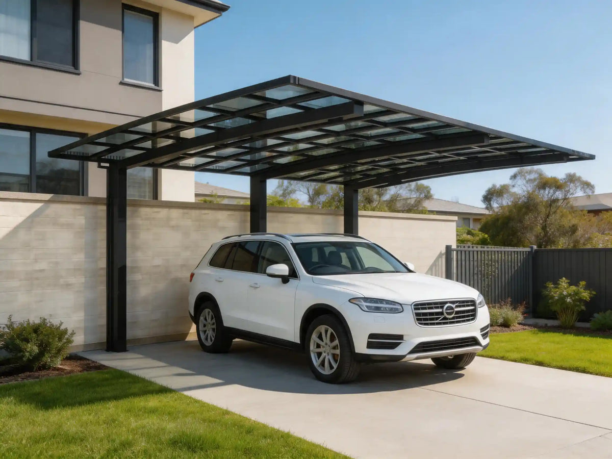 L-shape single cantilever carport installed on an Australian driveway