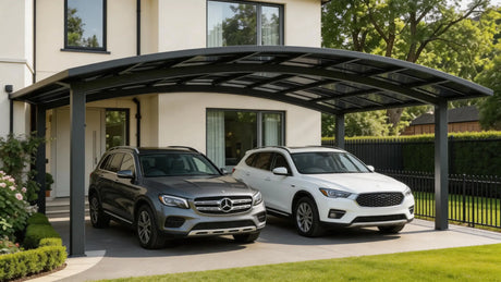 M-shape double carport kit installed on an Australian driveway