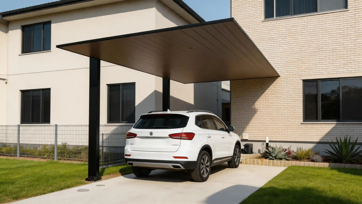 Minimalist full-aluminium single carport installed on an Australian driveway