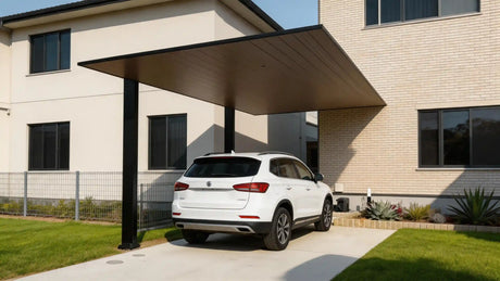 Minimalist full-aluminium single carport installed on an Australian driveway