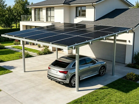 modern solar carport installed over a residential driveway