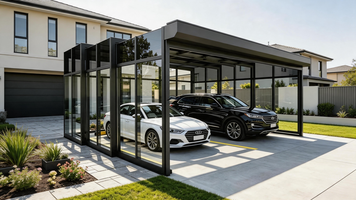 Extended retractable carport positioned on a residential driveway