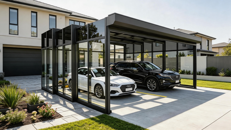 Extended retractable carport positioned on a residential driveway