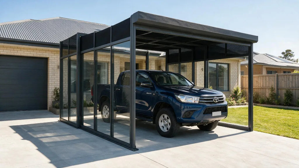 Retractable glass carport installed on an Australian driveway with black SUV