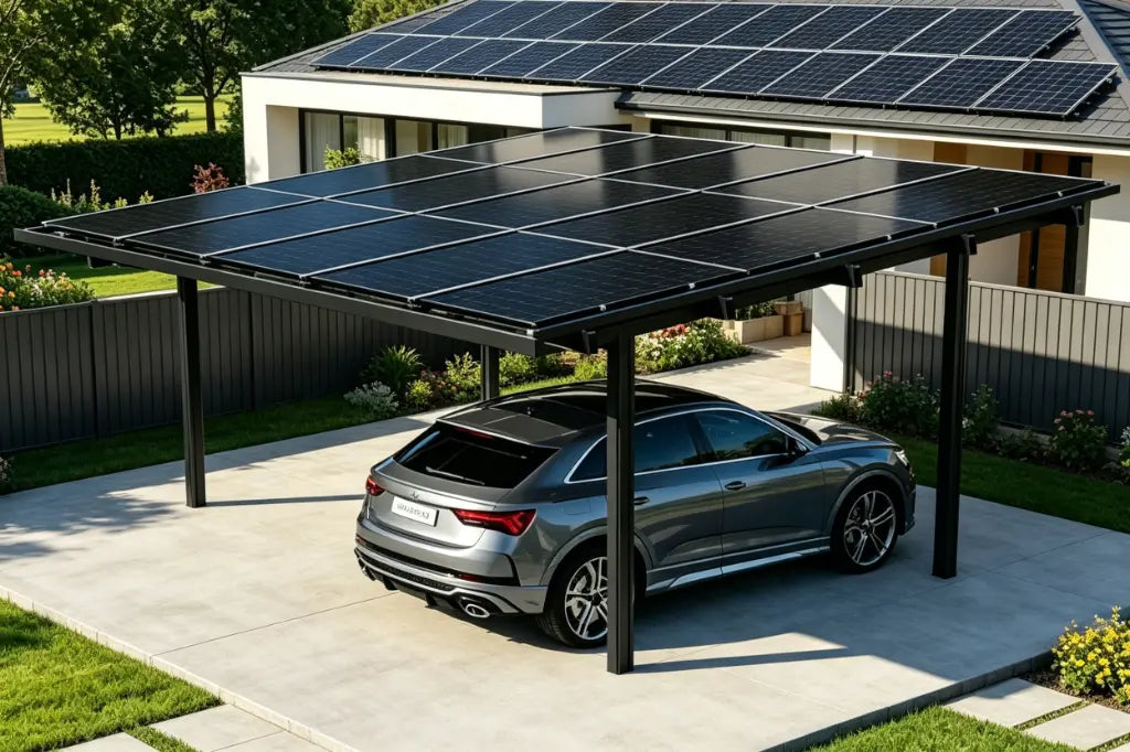 Solar carport installed on an Australian residential driveway for EV charging support