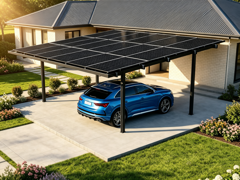 Solar carport kit installed over an Australian residential driveway