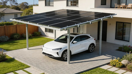 Solar carport kit installed on an Australian driveway with EV charging potential