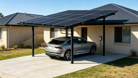 Solar carport with EV charging installed on an Australian driveway