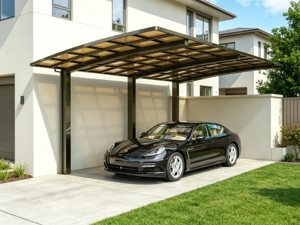 Well maintained aluminum carport protecting a vehicle beside a modern home
