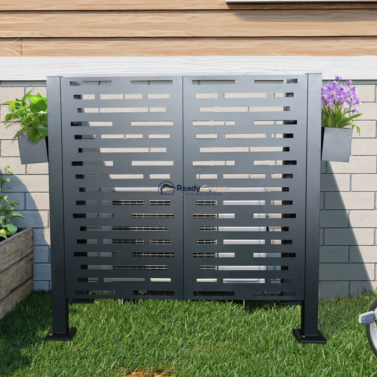 Charcoal Metal Privacy Fence Cover for Outdoor Air Conditioner Units with Flower Boxes