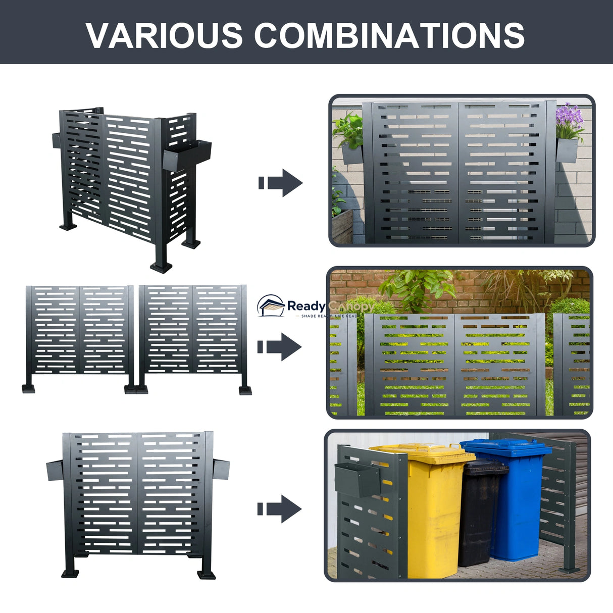 Charcoal Metal Privacy Fence Cover for Outdoor Air Conditioner Units with Flower Boxes