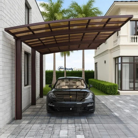 L Shape Cantilever Single Carport - Brown — angled view