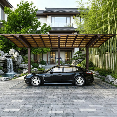 L Shape Cantilever Single Carport - Brown — side view