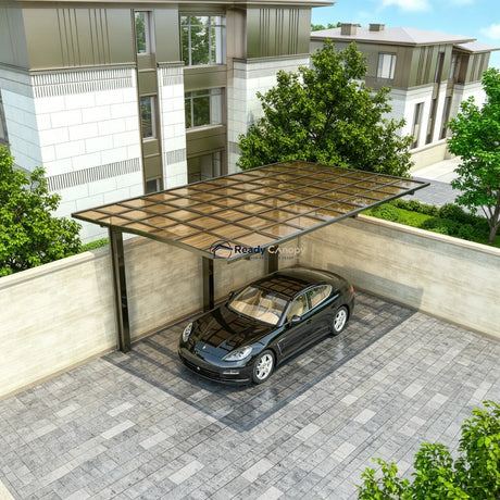 L Shape Cantilever Single Carport - Champagne — installed outdoors