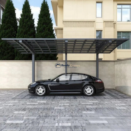 L Shape Cantilever Single Carport - Grey — installed outdoors