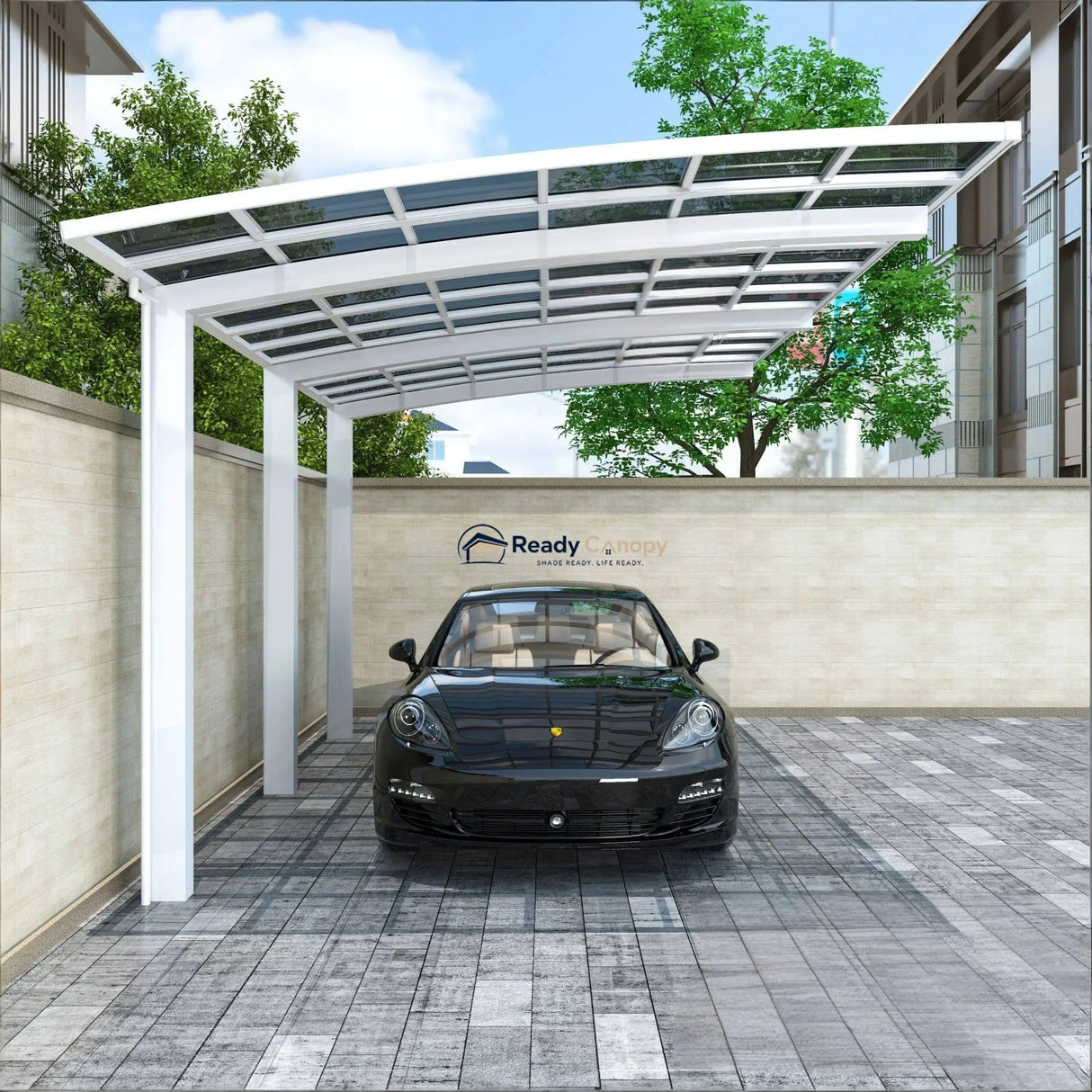 L Shape Cantilever Single Carport - White — angled view