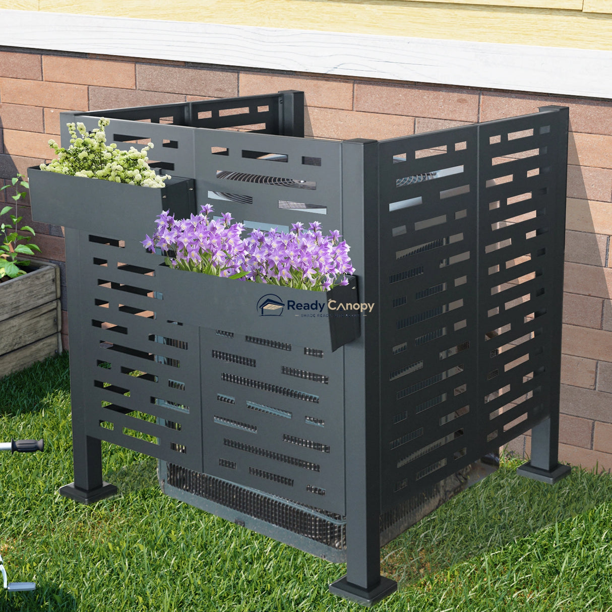Charcoal Metal Privacy Fence Cover for Outdoor Air Conditioner Units with Flower Boxes