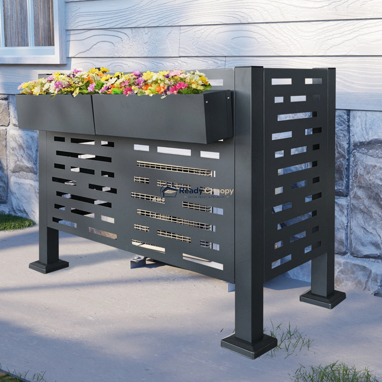 Charcoal Metal Privacy Fence Cover for Outdoor Air Conditioner Units with Flower Boxes