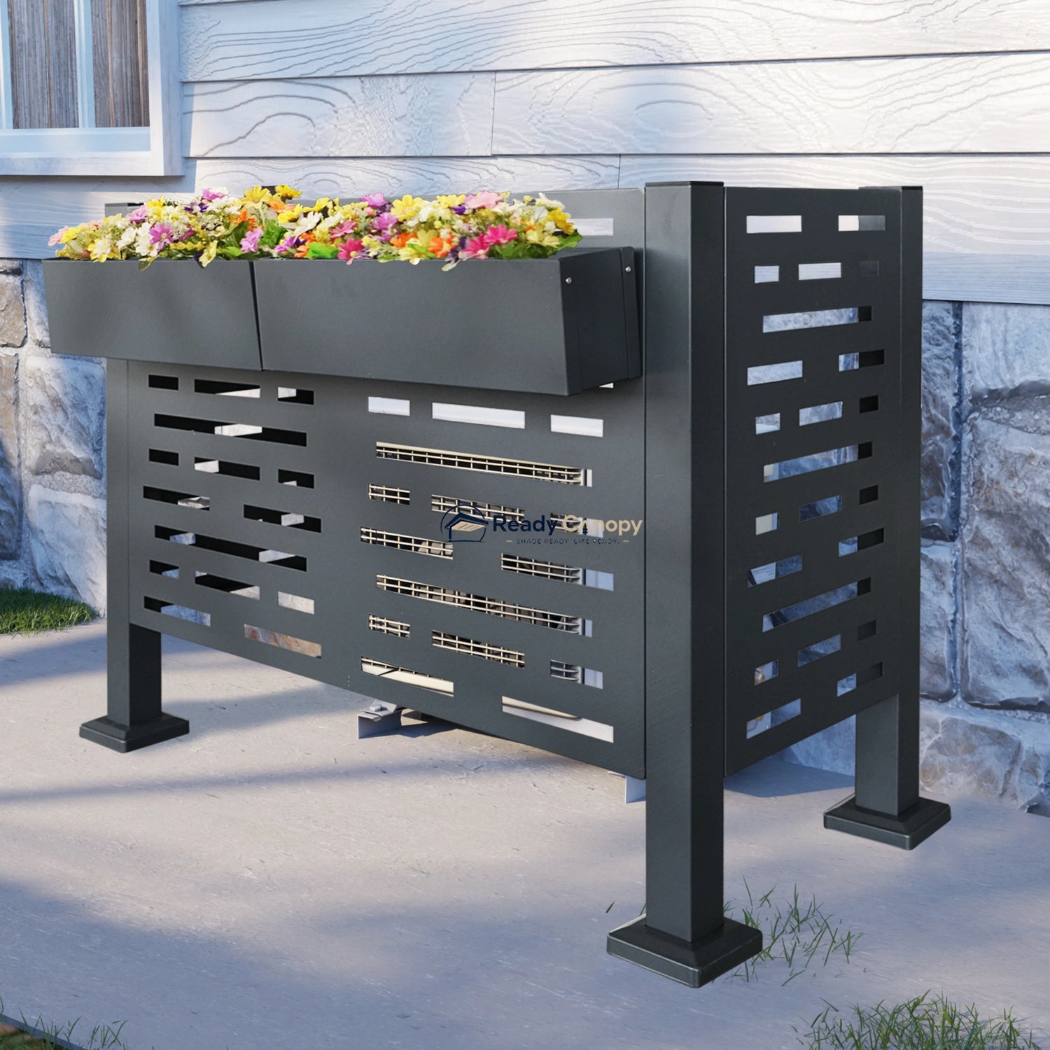 Charcoal Metal Privacy Fence Cover for Outdoor Air Conditioner Units with Flower Boxes