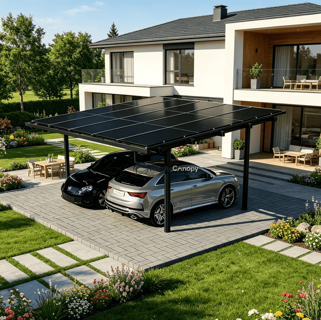 Double Solar Carport Kit Black – Includes 15 Solar Modules 6 kW Inverter(Optional Battery Storage & Wallbox) — side view
