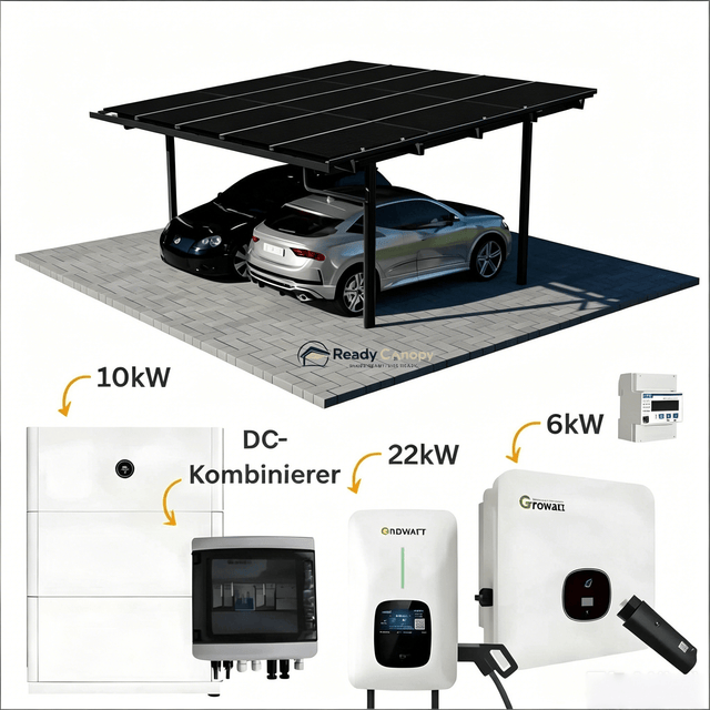 Double Solar Carport Kit Black – Includes 15 Solar Modules 6 kW Inverter(Optional Battery Storage & Wallbox)