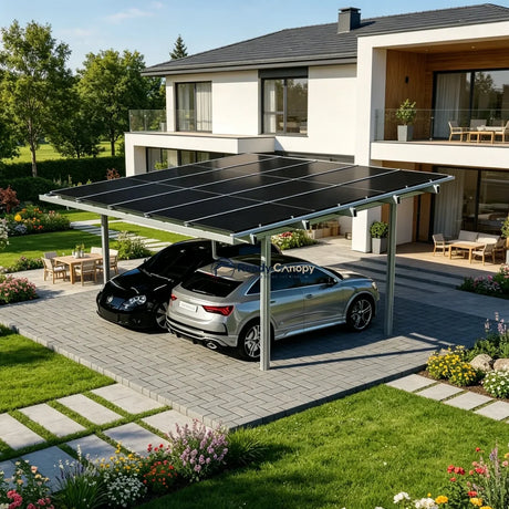 Double Solar Carport Kit Silver – Includes 15 Solar Modules 6 kW Inverter(Optional Battery Storage & Wallbox) — side view