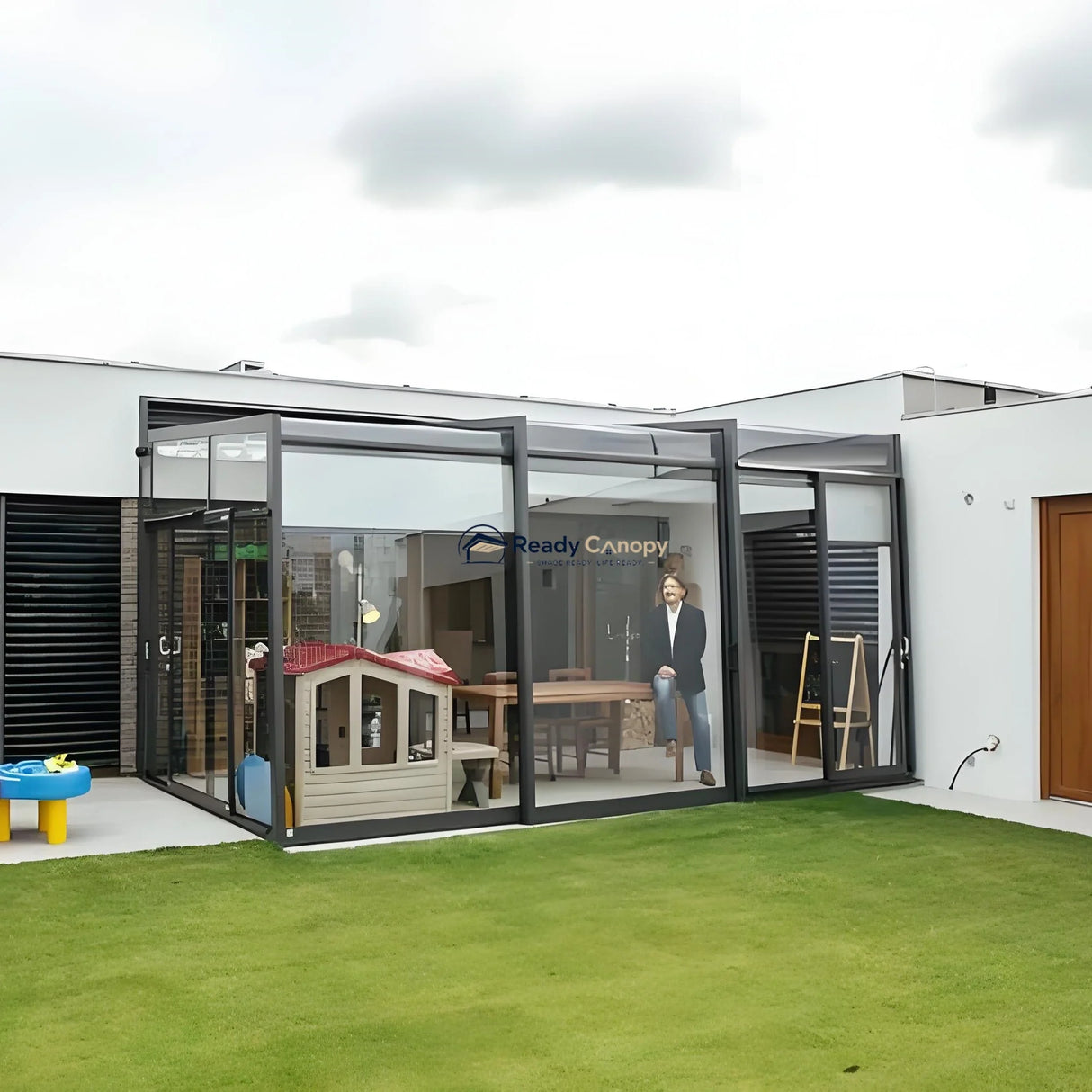 Wall-Mounted Retractable Sunroom — angled view