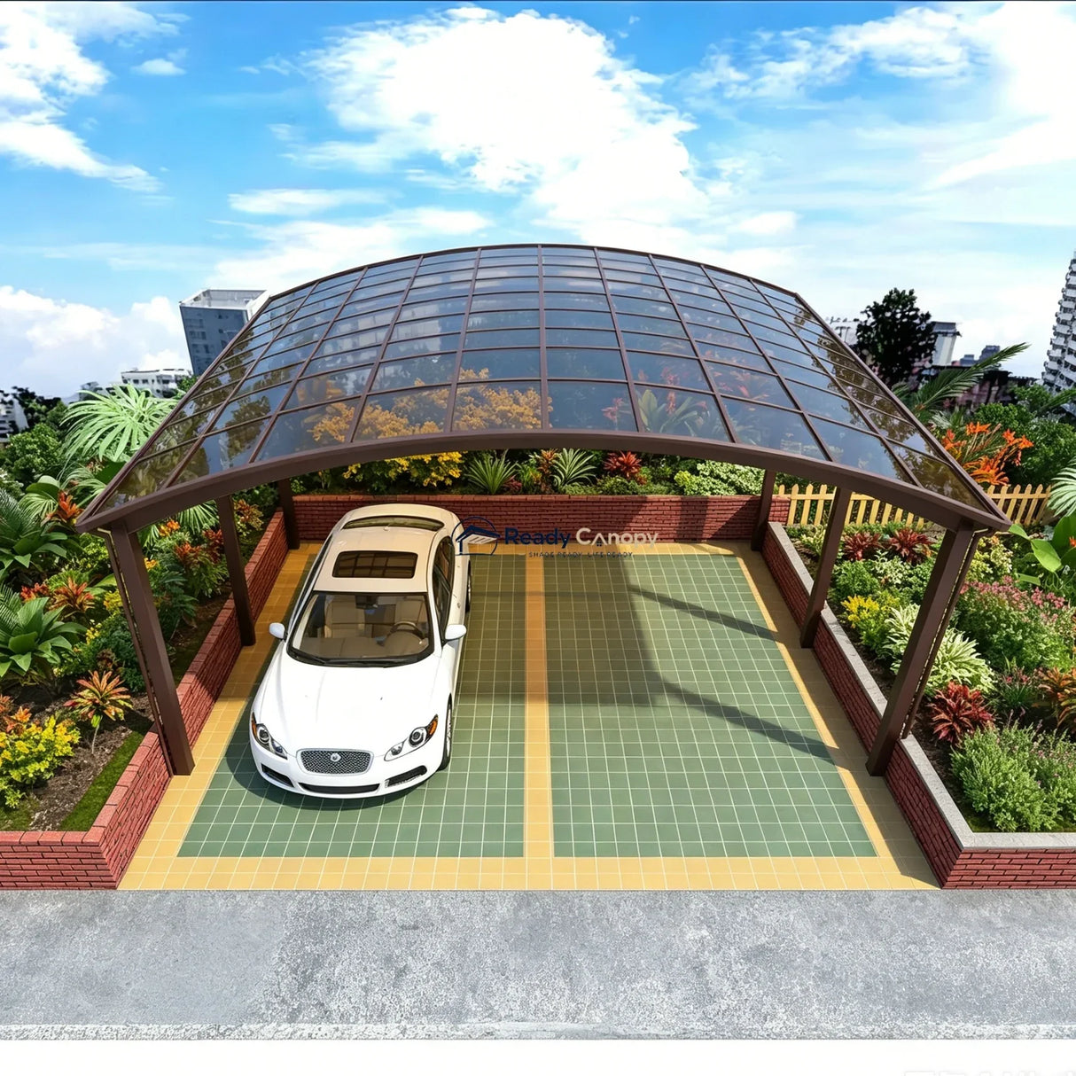 M-Shape Double Carport - Brown — angled view