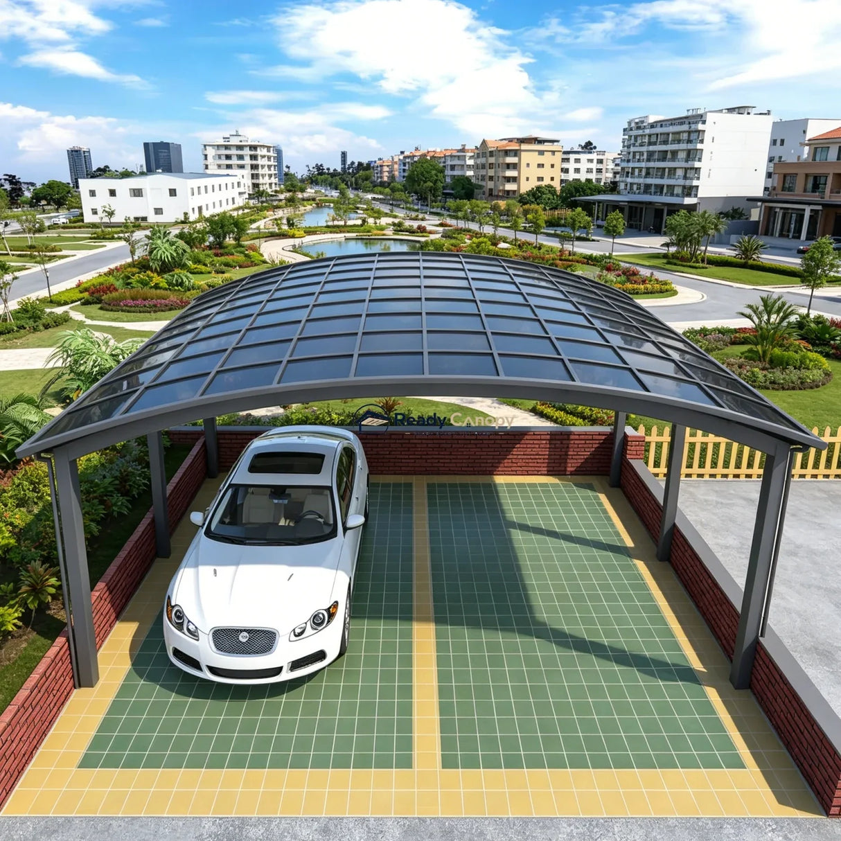 M-Shape Double Carport - Grey — full structure view