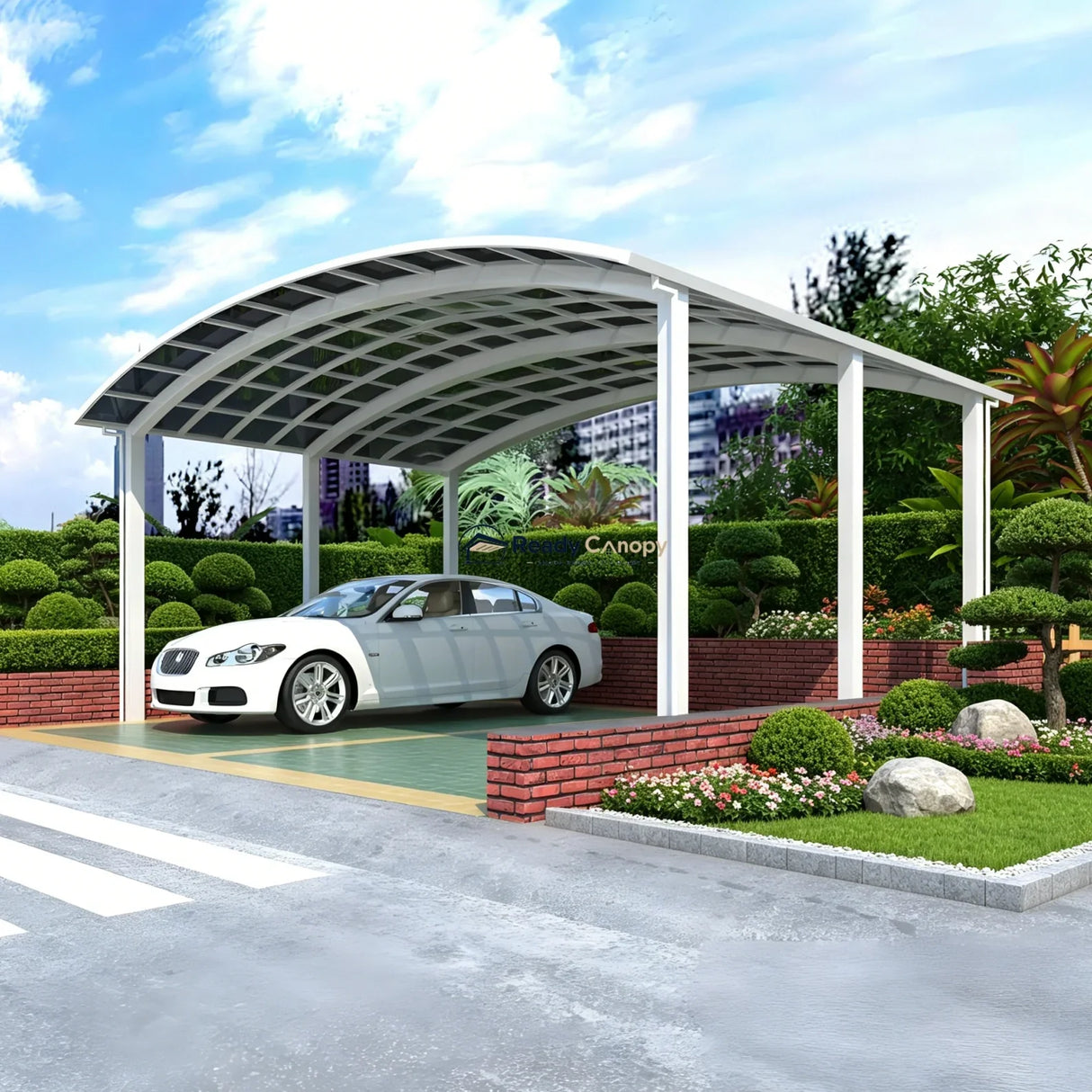 M-Shape Double Carport - White — installed outdoors