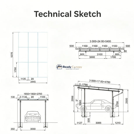 Single Solar Carport Kit Silver(Includes Solar Modules) — roof structure detail